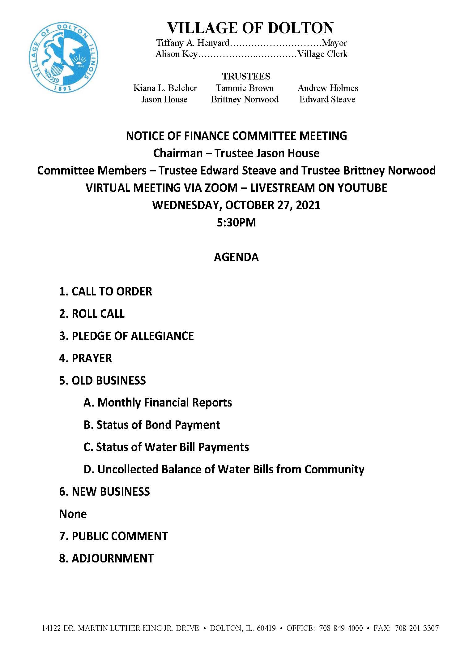Read more about the article FINANCE COMMITTEE MEETING AGENDA: OCT. 27th, 2021 @ 5:30 pm