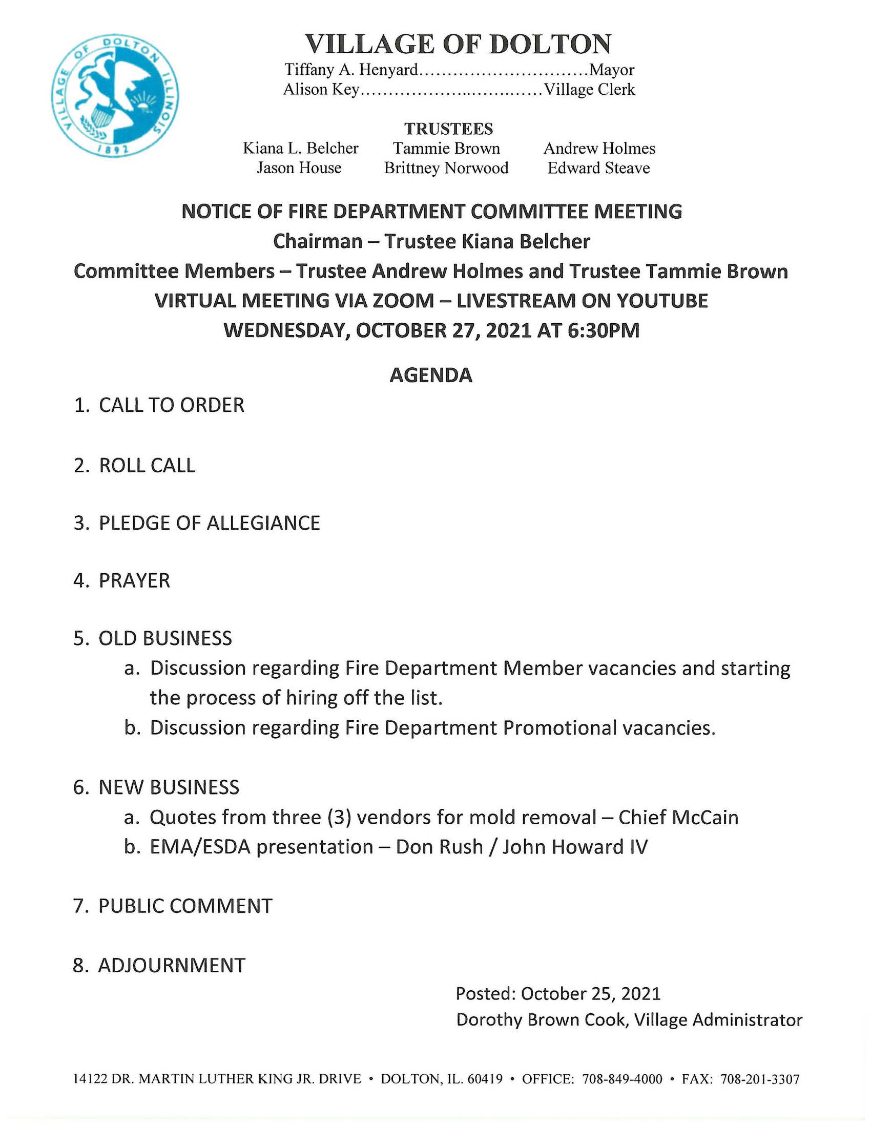 Read more about the article FIRE COMMITTEE MEETING AGENDA: OCT. 27th, 2021 @ 6:30 pm