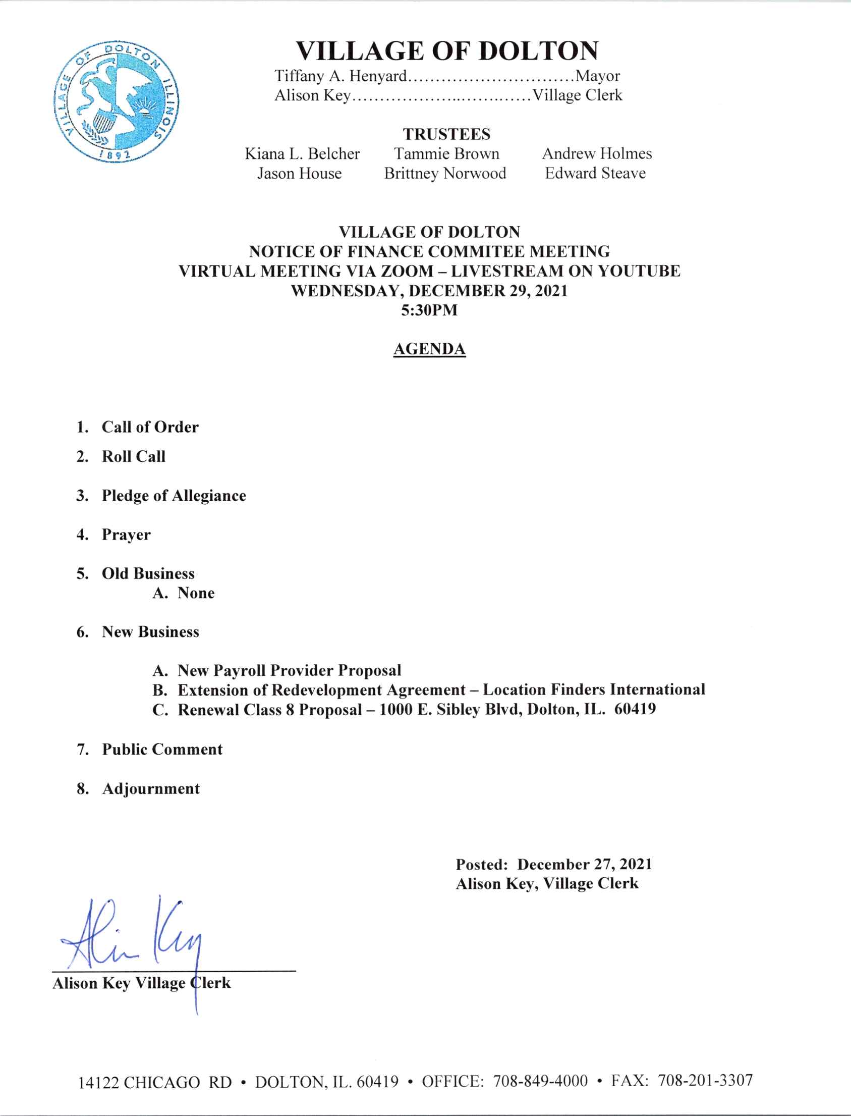 Read more about the article FINANCE COMMITTEE MEETING – DECEMBER 29TH, 2021 @ 5:30