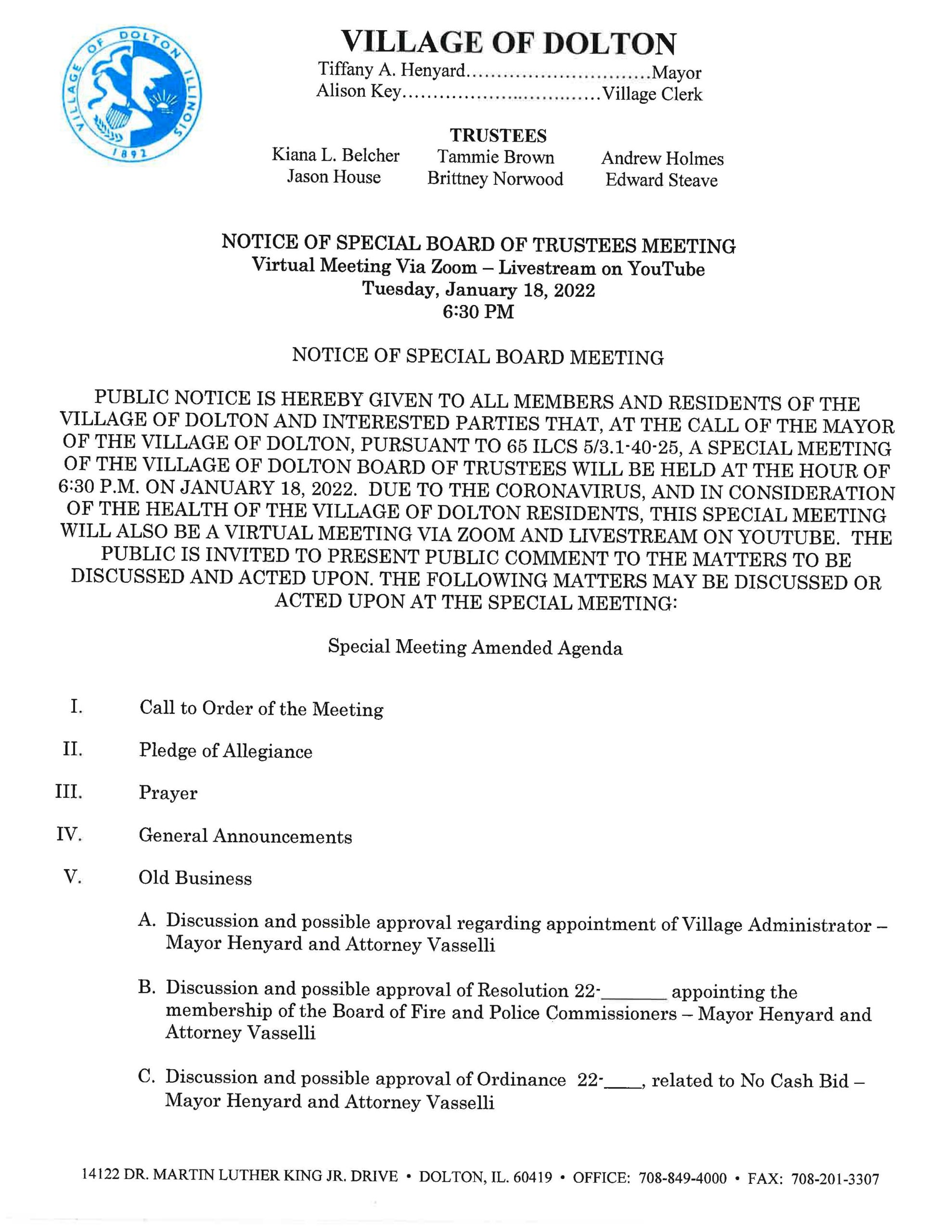 You are currently viewing Amended Notice: Special Board of Trustee’s Meeting – Jan 18th, 2022 @ 6:30p