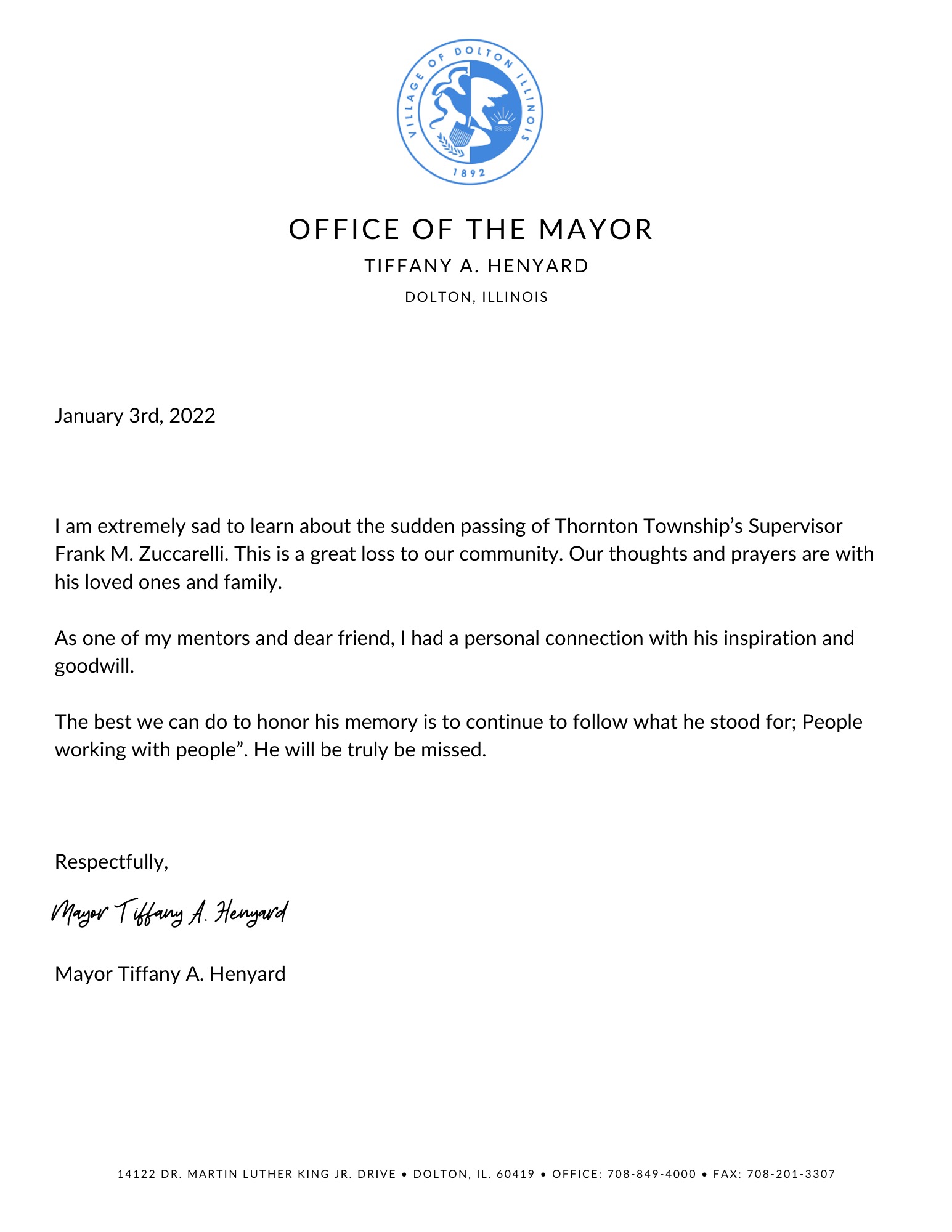 You are currently viewing STATEMENT FROM MAYOR HENYARD ON THE PASSING OF THORNTON TOWNSHIP’S SUPERVISOR FRANK M. ZUCCARELLI